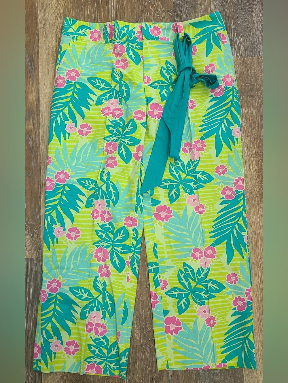 Lilly Pulitzer Vintage Green Multicolor Cotton Wide Leg Floral Pants Women's 14